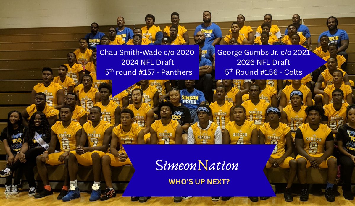 SimeonNation's tweet photo. Congratulations to our alum @GeorgeGumbs c/o 2021 on your 2026 NFL Draft 5th Round Pick #156 with the Indianapolis @colts #AhBlueMachine #SimeonFamily
#RoadTrip #SoProud ππ https://t.co/3E3yK7ulq2