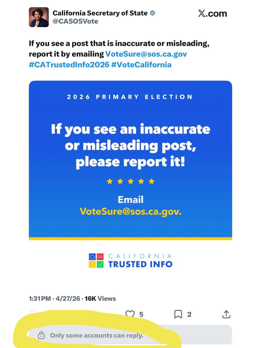 California Secretary of State Shirley Weber <a href="/CASOSVote/">California Secretary of State</a> 
You cannot block critics on your official government social media accounts.
Supreme Court ruled unanimously in Lindke v. Freed (2024): When officials use their accounts for official business, it’s a public forum. Blocking