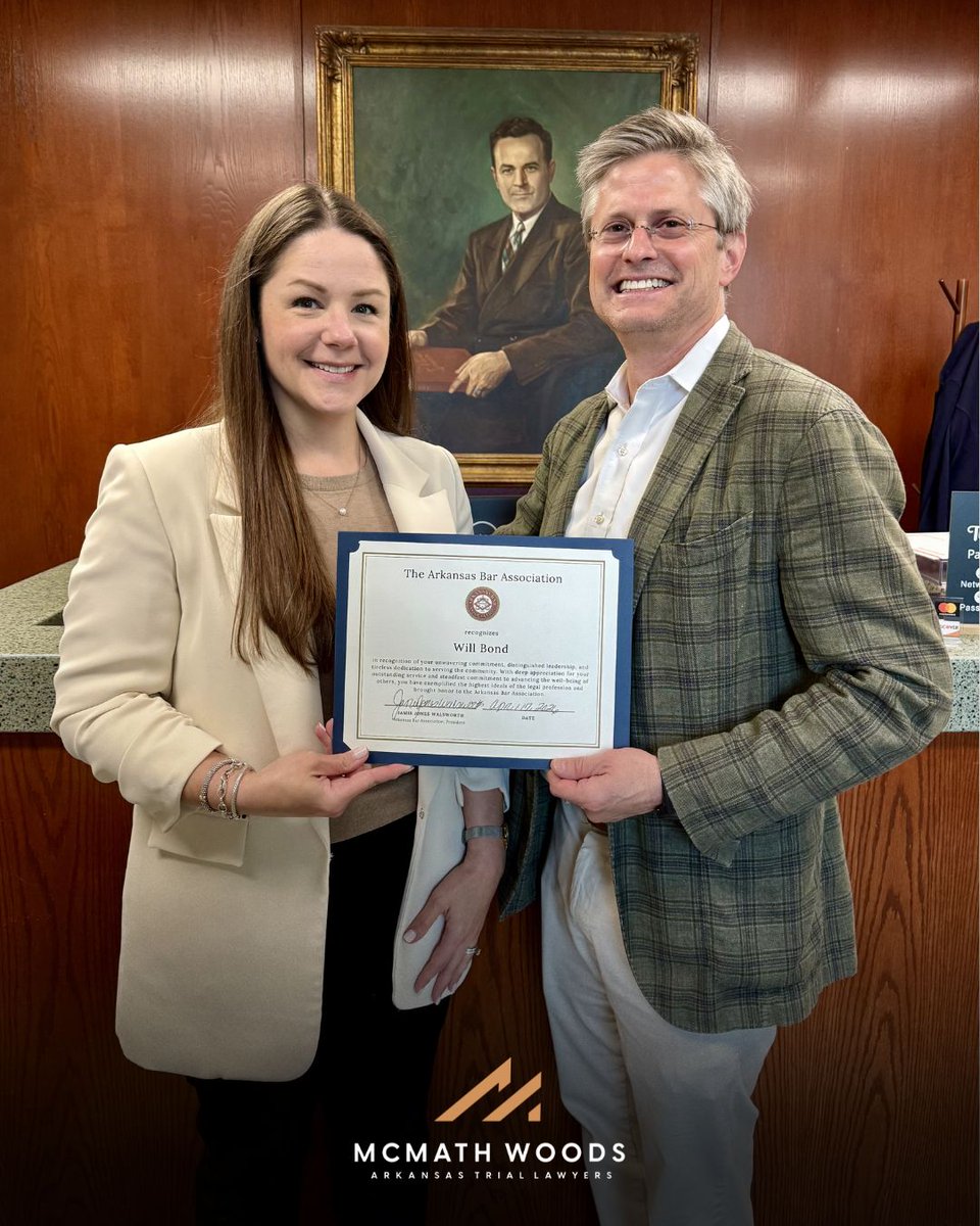 McMathWoods's tweet photo. Attorney Will Bond was recognized by the Arkansas Bar Association for his unwavering commitment, leadership, and dedication to serving the people of Arkansas through both the legal profession and public service!

Join us in congratulating Attorney Will in the comments below! 👏 https://t.co/GR7nMKRtQS