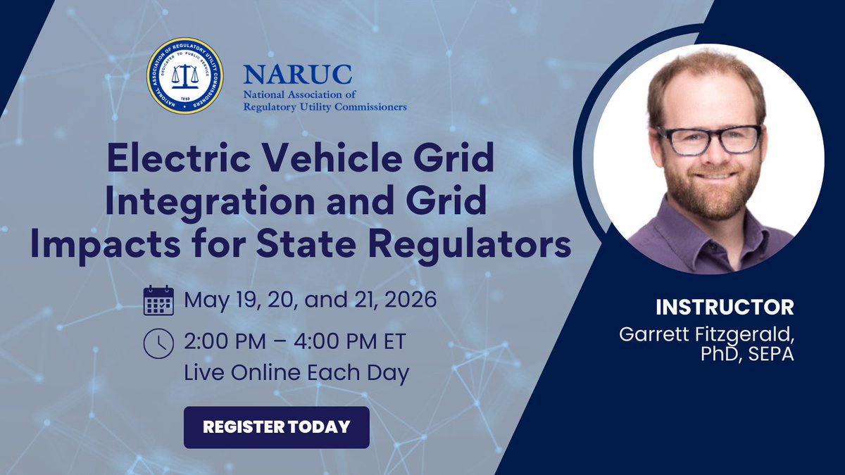 NARUC's tweet image. #EV adoption is accelerating! Join Electric Vehicle Grid Integration and Grid Impacts for State Regulators to explore #VGI, managed charging, and #grid planning strategies. Learn from expert instructor Dr. Garrett Fitzgerald (@SEPAPower) and gain real-world insights for a
