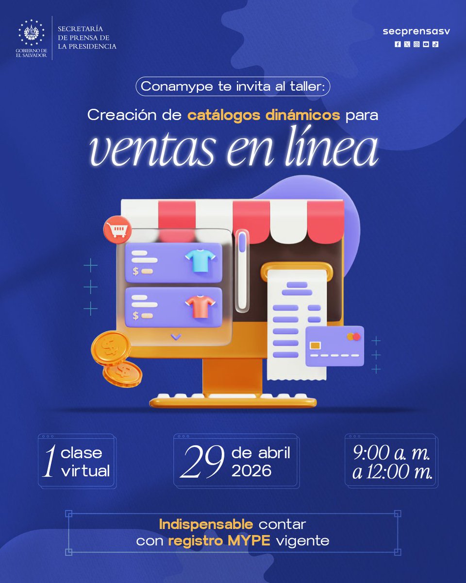 SecPrensaSV's tweet image. #ELearning | Con el objetivo de impulsar el crecimiento de los negocios, @CONAMYPESV invita a participar en el taller Creación de catálogos dinámicos para ventas en línea, donde se brindarán herramientas prácticas para mejorar las ventas en entornos digitales. Para inscribirse,
