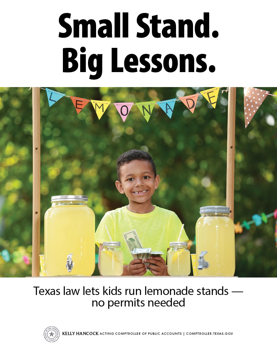 txcomptroller's tweet image. In Texas, children can run lemonade stands, no permits or fees required. These small ventures teach kids big lessons in earning, saving &amp;amp; managing money.  

Start one or support one! Learn more: LemonadeDay.org  

#FinancialLiteracyMonth #LemonadeDay
