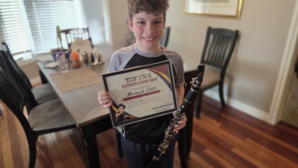 alexander_doan's tweet photo. Our Student of The Month for April, 2026 is, Michael!!

Michael has been studying clarinet with Alex, learning from the RCM curriculum books.  

Michael received his Student Of The Month certificate, and is featured on our socials.  

Congrats, Michael!! https://t.co/GfsbUKPbr7