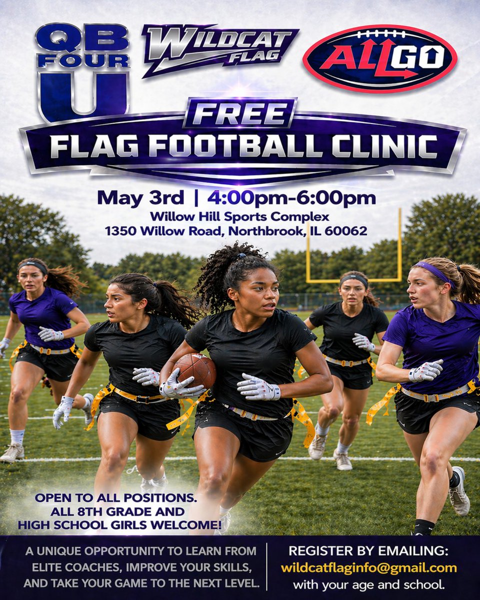 QBFourU's tweet image. QB Four U will be leading QB and throwing mechanics work.
📅 May 3
⏰ 4:00 PM – 6:00 PM
📍 Willow Hill Sports Complex
👥 8th Grade – High School Seniors
🎟️ First 60 athletes

📩 Email wildcatflaginfo@gmail.com with:
• Name
• School
• Position
• T-shirt size
#GirlsFlagFootball