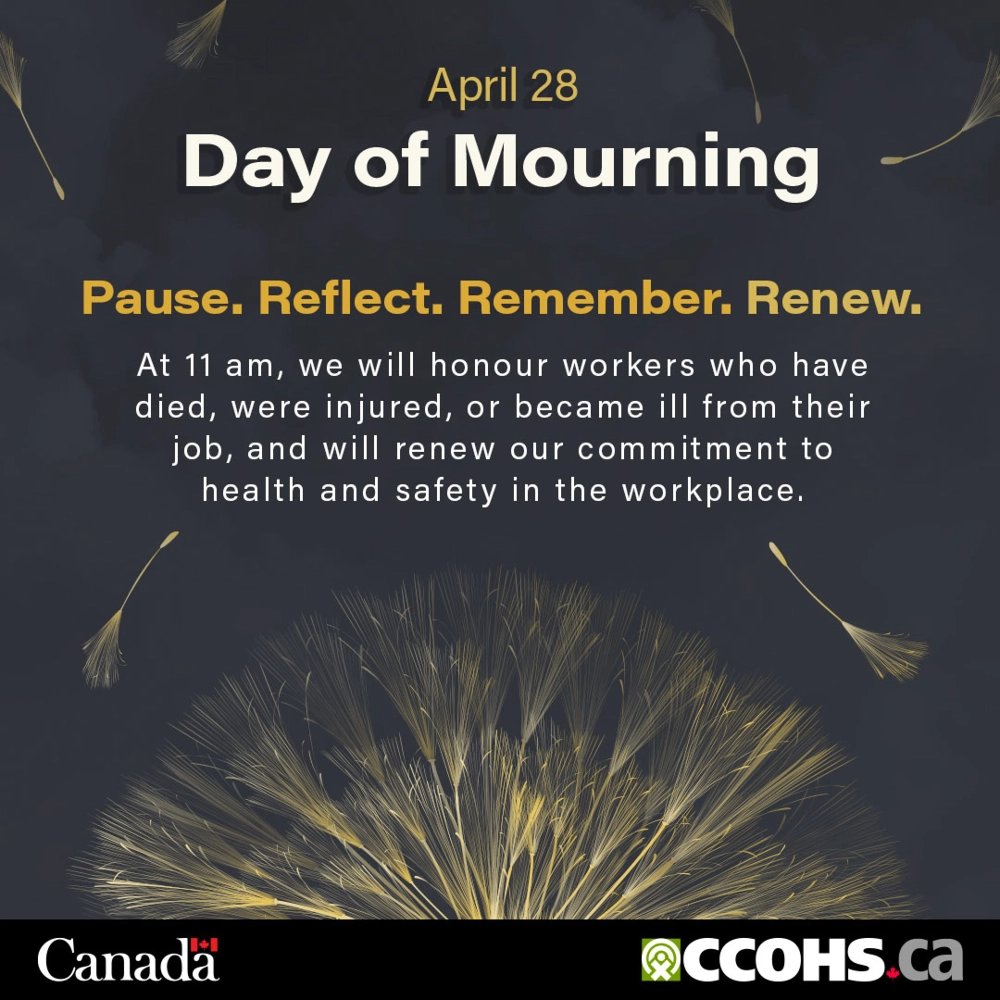 NSTeachersUnion's tweet photo. Today we observe the National Day of Mourning for Workers. We remember those injured or lost on the job and stand with their families. Let this strengthen our shared commitment to safer workplaces across Nova Scotia. https://t.co/Qyz9T5pVip