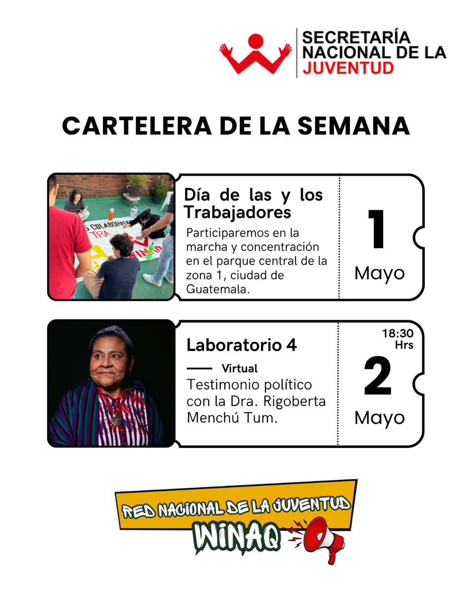 Desde la Secretaría NACIONAL de la Juventud del <a href="/MovimientoWinaq/">Winaq</a> continuamos en convocatorias y formación política.

Porque sin formación y una convivencia sana no podemos avanzar. 🗣️🗣️🗣️😁

¿Porqué sino es hoy? ¿Cuándo?