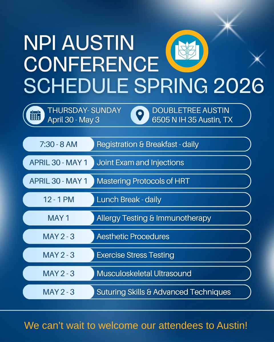 npicme's tweet photo. We’re excited to welcome attendees &amp; exhibitors to Austin for the NPI Spring CME Conference. Courses run Thurs–Sun. Join us at 7:30 am on the days of your course for registration and breakfast. Courses begin at 8 am. Lunch &amp; coffee breaks served too. Safe travels &amp; see you soon! https://t.co/iAxVO4GGKz