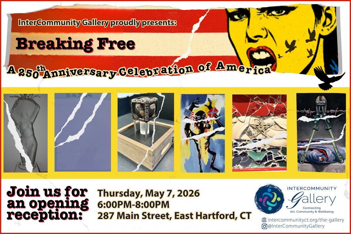 ICHealthCareCT's tweet image. Join us on 5/7 for opening night of "Breaking Free," our 2nd group juried exhibition of 2026 featuring 20+ local artists! 🖼 Registration not required, but it helps us gauge attendance: eventbrite.com/e/art-show-ope…

#artgallery #ctartists #intercommunity #easthartfordct #thingstodoct