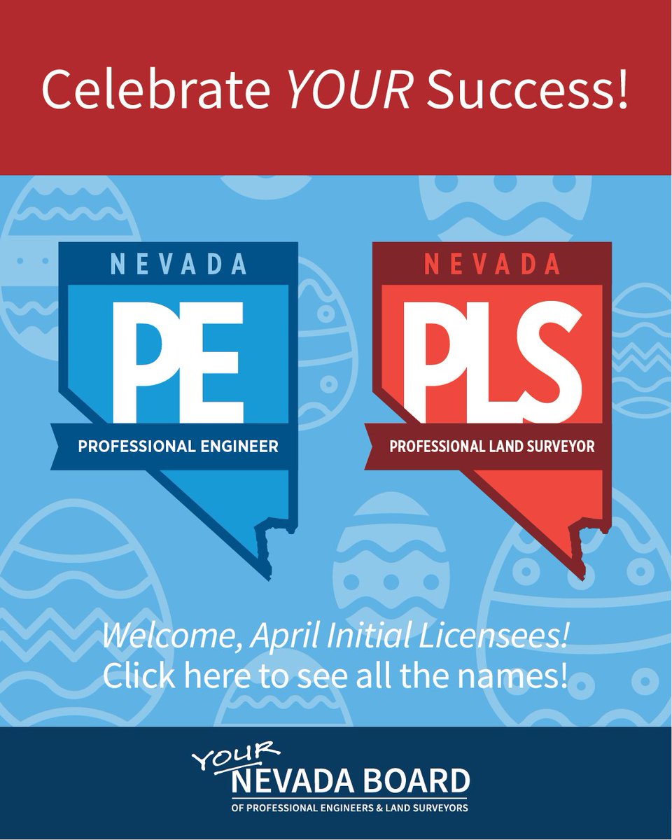 nvbpels's tweet image. Congratulations and welcome to all the April 2026 initial licensees with #NVBPELS!

Check out the other new licensees on the official #Nevada Board of Professional Engineers and Land Surveyors initial licensees page here!
bit.ly/3JuKOuI

#NVBPELS #AprilLicensees