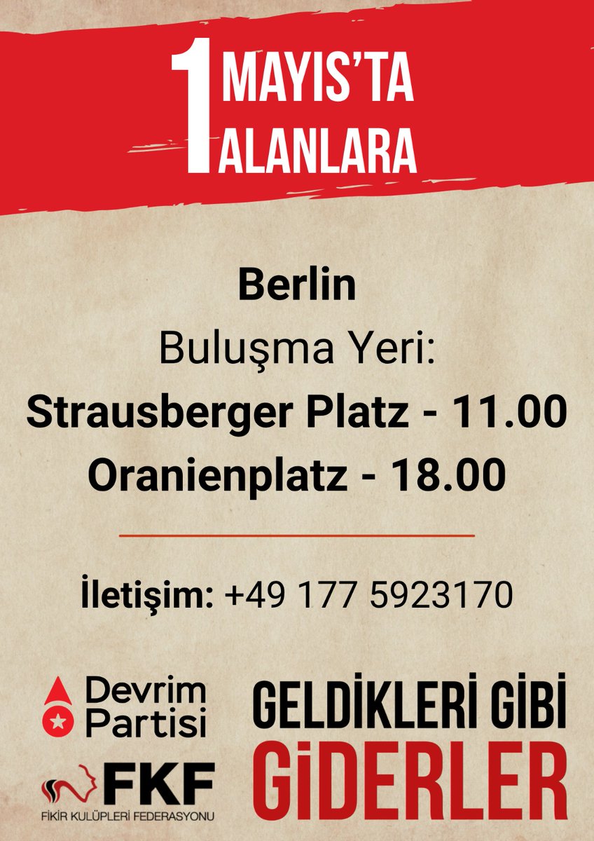 devrim_int's tweet photo. 1 Mayıs'ta Alanlara
To the streets on May Day

📌 Berlin - Strausberger Platz
⏰ 11.00

📌 Berlin - Oranienplatz
⏰ 18.00

Against NATO and imperialism, under the banner "Nein zur NATO" https://t.co/sL8jN605U1