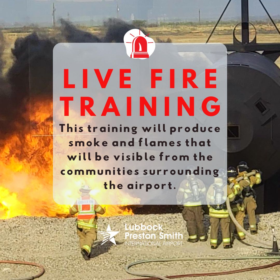 flyLBB's tweet photo. Reminder - Live fire training is scheduled at the LBB - Aircraft Rescue Fire Fighter (ARFF) Training Facility on: Saturday, May 2, from 8:00 am to 12:30 pm.

Smoke and flames will be visible. For any questions regarding this training, contact Airport Operations at (806) 775-2044. https://t.co/8DT9LL9tTy
