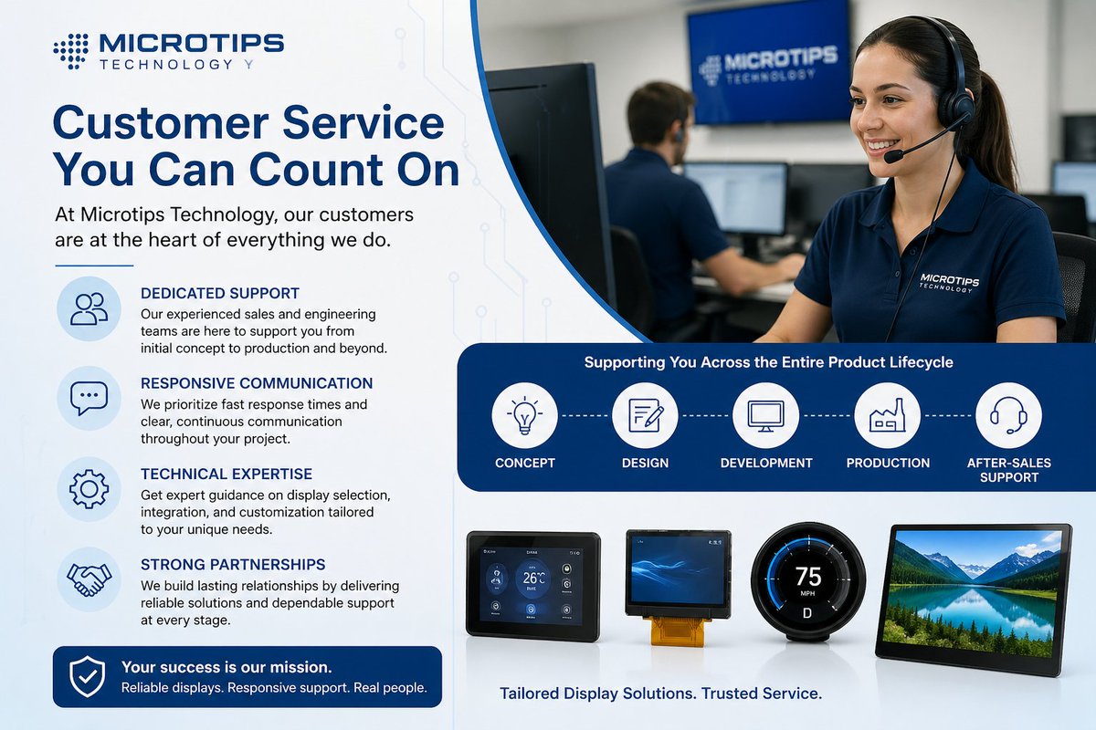 MicrotipsUSA's tweet image. Customer-first support you can rely on—fast responses, expert guidance, and seamless support from concept to production. 
#TFT #LCD #OLED #EPD #AMOLED #Engineering #EV
Visit microtipsusa.com for more details.