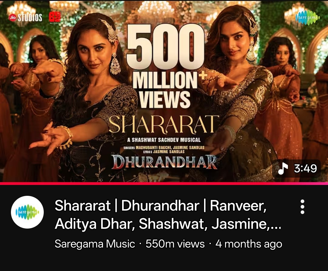 100M Views-க்கு வாழ்த்துக்கள்.....

துரந்தர் படத்துல Shararat-னு ஒரு பாட்டு வரும் ....

அமைதியா 500 மில்லியன் தாண்டி போயிட்டு இருக்கு,

 ஆனா அதுக்கு ஹிந்தி மீடியாக்கள் இவ்வளவு பில்டப் கொடுக்கல ,

தமிழ்நாட்டு ஊடகங்கள் மட்டுமே ,

தேவைக்கு முக்கியத்துவம் தர்றது இல்ல.....