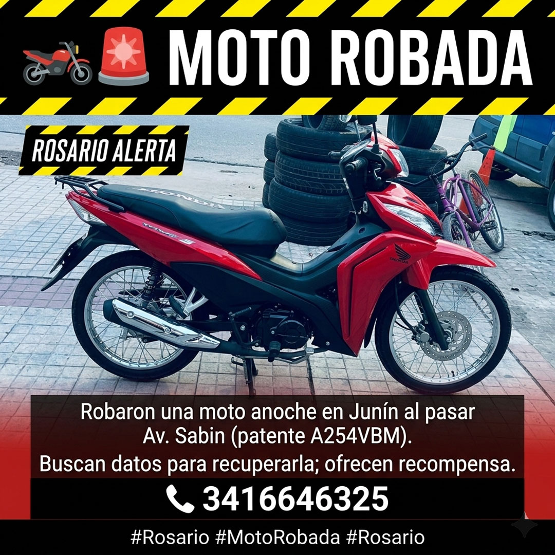 RosarioAlerta's tweet photo. 🏍️🚨 Robaron una moto anoche en Junín al pasar Av. Sabin (patente A254VBM). Buscan datos para recuperarla; ofrecen recompensa. 📞 3416646325 #Rosario #MotoRobada #Rosario @emergenciasAR @CalleDeRosario https://t.co/eUoQVksi8x