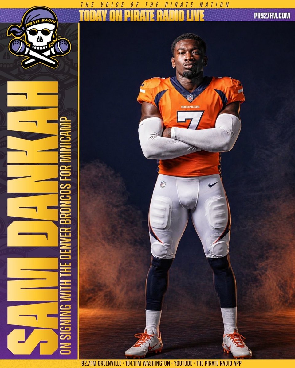 PR927FM's tweet photo. 🏴‍☠️🏈 Today on Pirate Radio LIVE in the 5 o’clock hour, we will catch up with former ECU Football star Sam Dankah @Sdankah03, who signed a minicamp deal with the Denver Broncos.
LISTEN, STREAM, WATCH on YouTube or the Pirate Radio App
⏰ 3-6pm M-F
📻 92.7FM or 104.1FM
💻 https://t.co/Y8wLEhkfm5
📺 https://t.co/n0wl18A3U0
📱Download at https://t.co/Y8wLEhkfm5