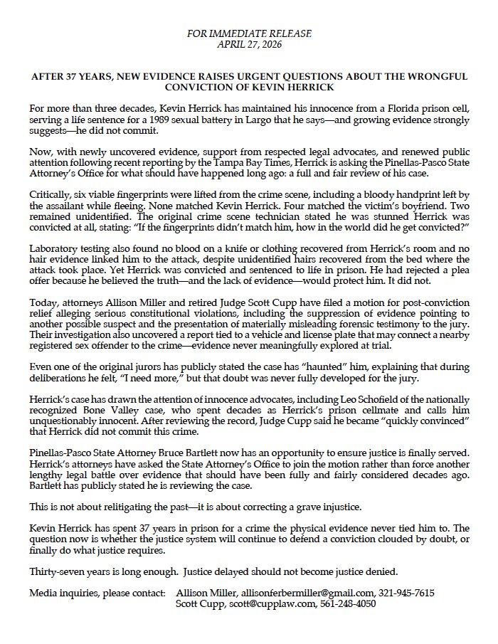 Gilbert_King's tweet photo. Important update on Kevin Herrick's case in Pinellas County, Florida. https://t.co/ZhNkt8pqF4