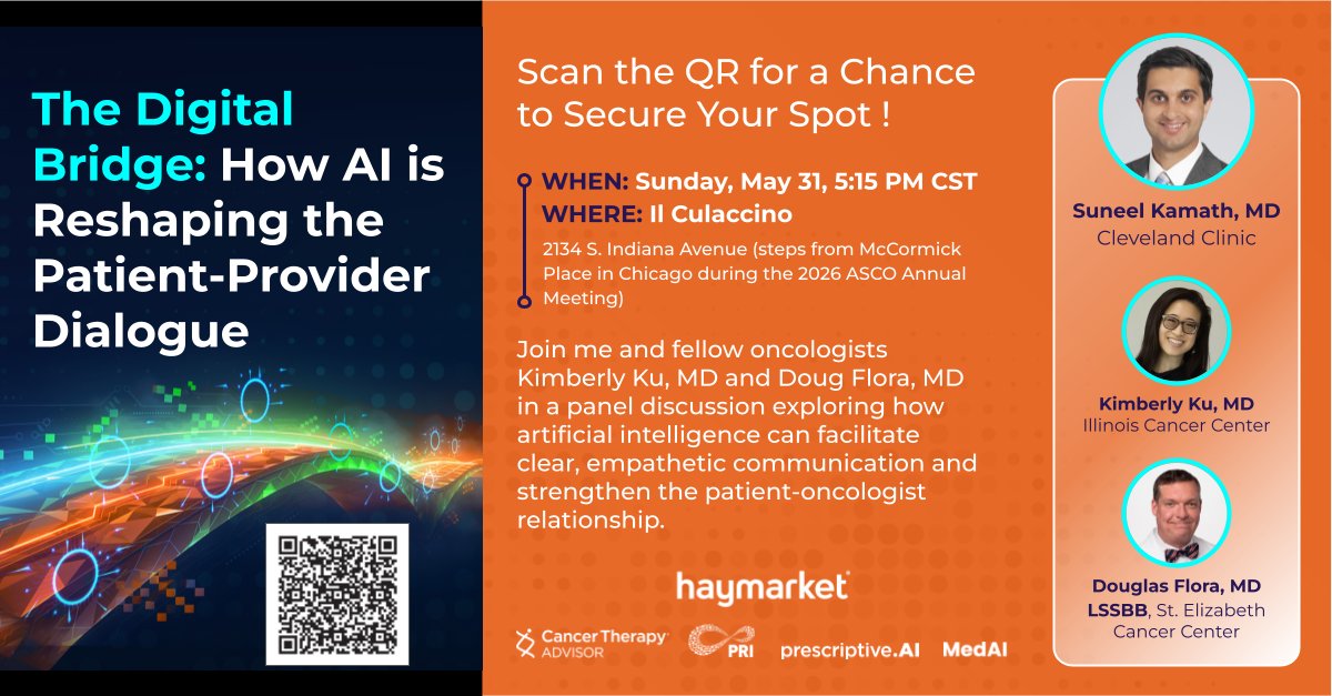SKamath_MD's tweet photo. Can AI actually foster more empathy in doctor-patient communication?

Join me, @kimberly_kuk and @dougfloramd for a panel discussion on how AI is transforming the doctor-patient dialogue in cancer care!

Scan the QR to register. https://t.co/j3qtYKPKBn