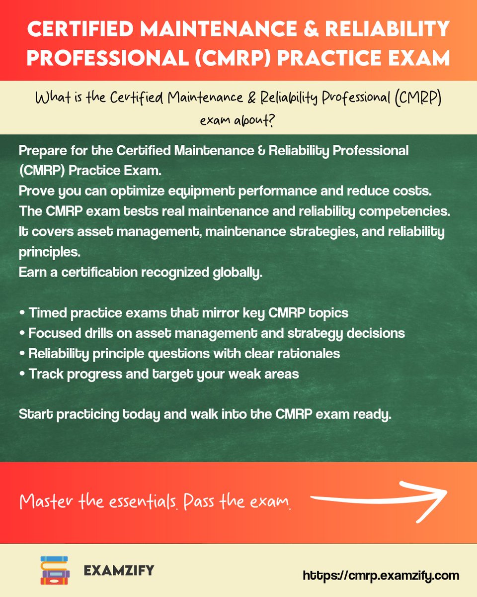 examzify's tweet image. CMRP exam coming up? Let’s make it feel doable. Train smarter with the CMRP Practice Exam. Learn more at cmrp.examzify.com. #TuesdayVibes #PreventiveMaintenance #RCM #RootCauseAnalysis #EngineeringCareers #ExamPrep #Flashcards #PracticeQuestions Good Tuesday