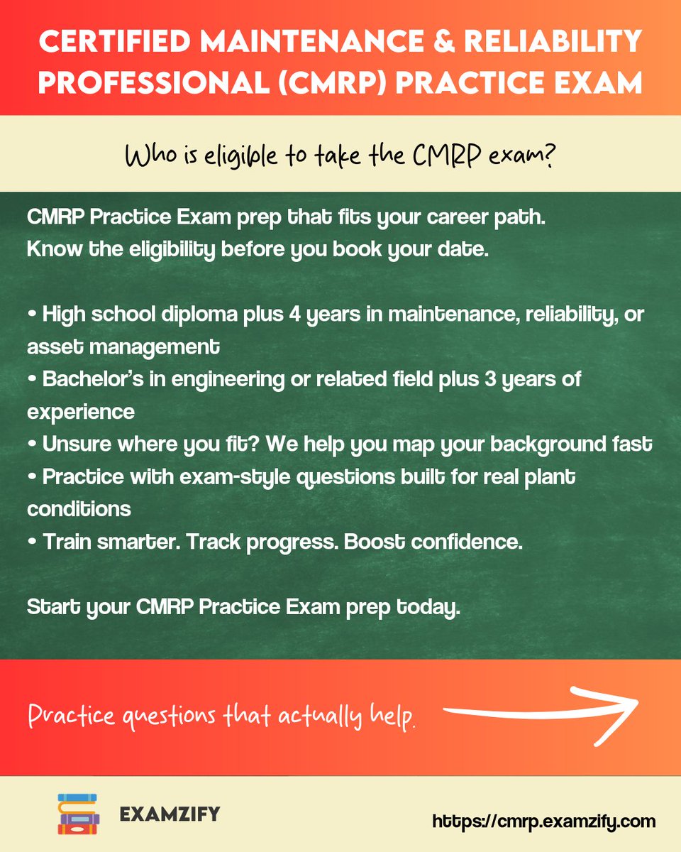 examzify's tweet image. CMRP exam coming up? Let’s make it feel doable. Train smarter with the CMRP Practice Exam. Learn more at cmrp.examzify.com. #TuesdayVibes #PreventiveMaintenance #RCM #RootCauseAnalysis #EngineeringCareers #ExamPrep #Flashcards #PracticeQuestions Good Tuesday