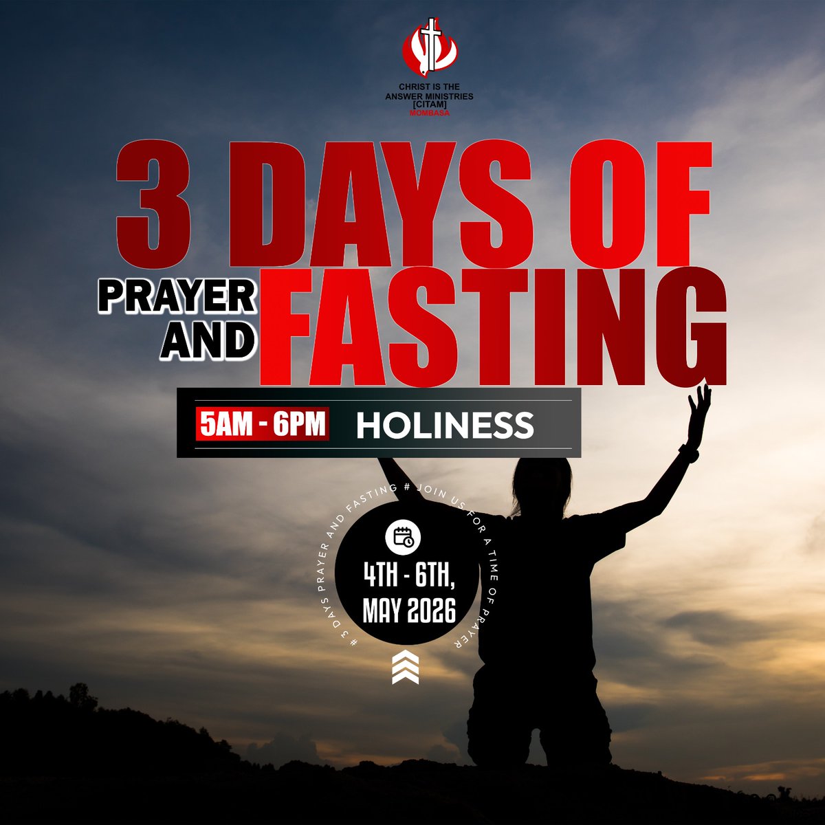 CitamMombasa's tweet image. Our 3 Days of Prayer and Fasting are almost here!Get ready to draw near to God as we pray and seek Him deeply.🔥

 📅 Mon 4th May-Wed 6th May
⏰️ 5AM-6PM

#PrayerAndFasting #PrayerWorks #Prayer #IsAnythingTooHardForTheLord #WhereChristIsOurAnchor