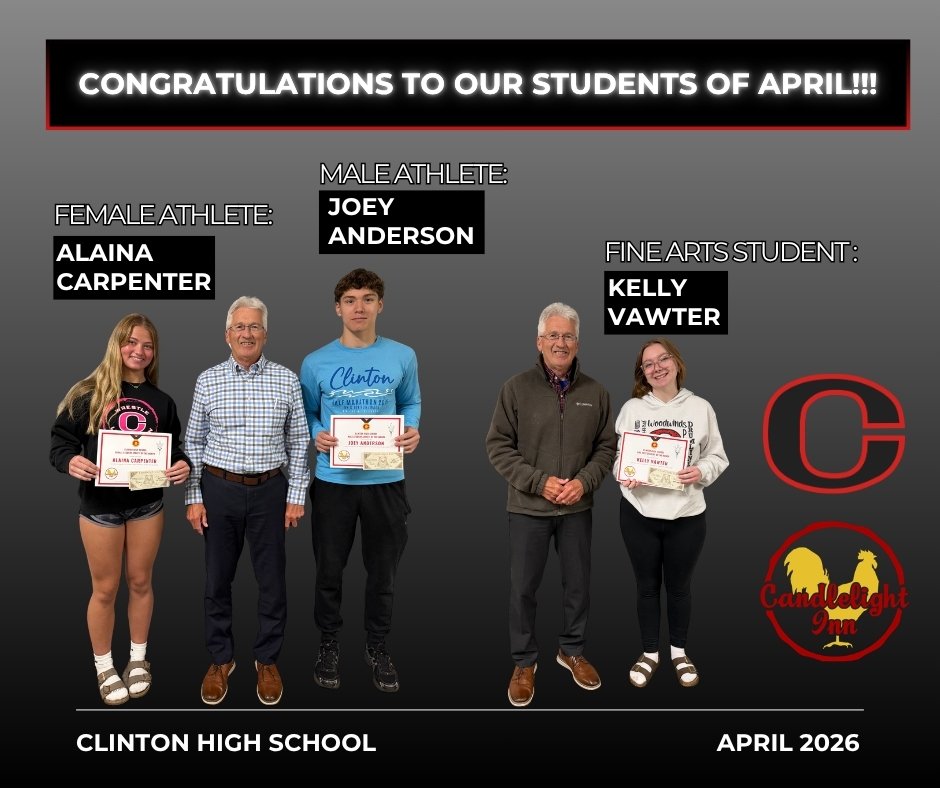 Rise_Above_CHS's tweet photo. CONGRATULATIONS
to our April Students of the Month!

-Female Athlete: Alaina Carpenter
-Male Athlete: Joey Anderson
-Fine Arts Student: Kelly Vawter

Alaina, Joey, and Kelly, we are very proud of your hard work in and out of the classroom!
Keep up the amazing work! https://t.co/njTJE9g9oA