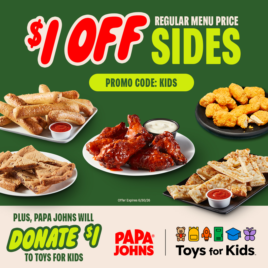 When you order, local kids benefit. ❤️ Together with <a href="/TFKSeattle/">Toys for Kids</a>, we’re proud to help bring joy to families in our community. Every participating order makes an impact, and that’s something worth celebrating. papajohns.com

Thank you for helping us give back. 🧸