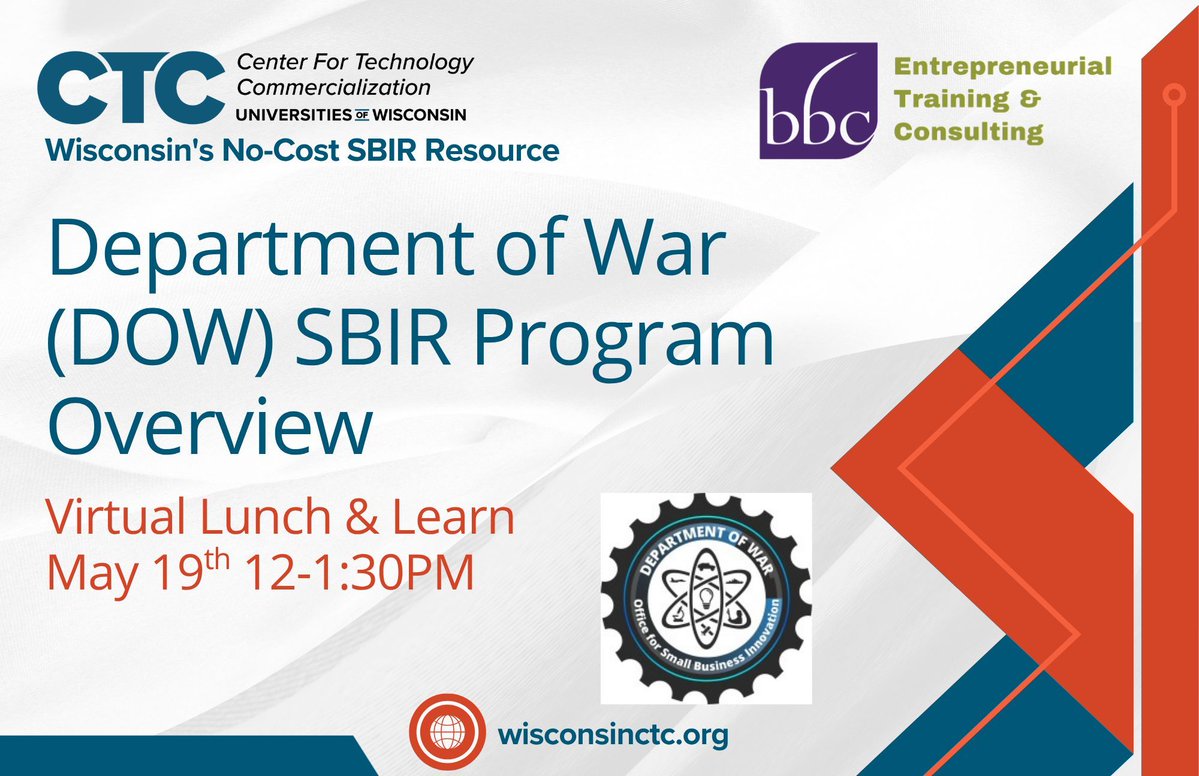 WisconsinCTC's tweet image. 🚨#Innovators: We want to make sure you're staying up-to-date on SBIR/STTR's changes and new deadlines!
Join us 5/19 to get an overview of the various @DeptofWar SBIR components from a @BBC_etc expert: …essentrepreneurship.zohobackstage.com/DepartmentofWa… #SBIRFAST
