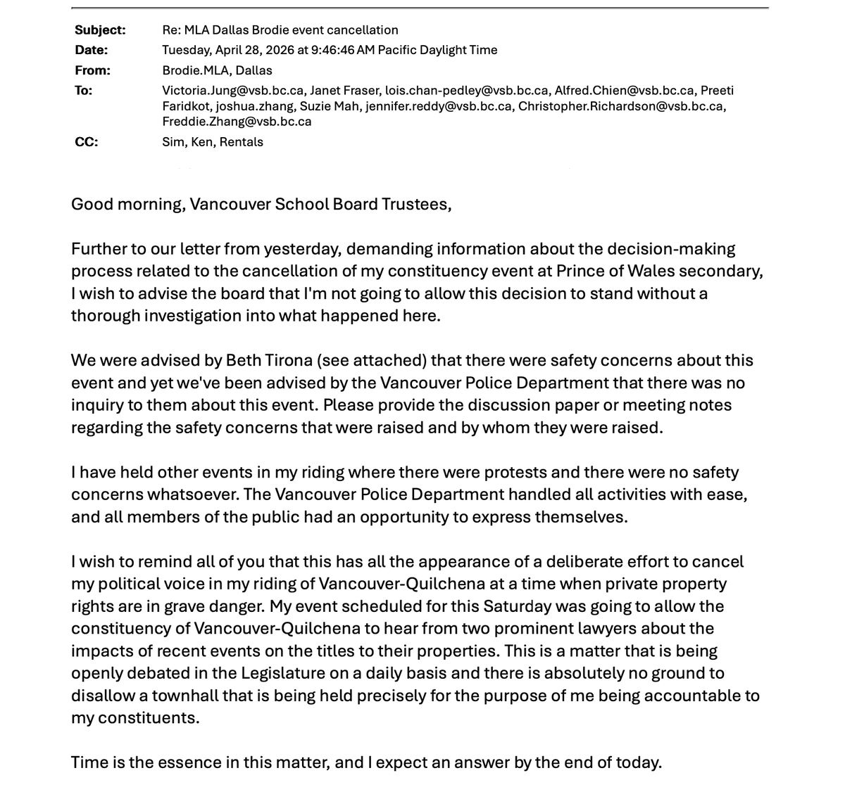 Dallas_Brodie's tweet photo. I will not allow the @VSB39 decision to de-platform me to stand without a thorough investigation into the decision-making process. The VSB latest response cited "security concerns" but no concerns were raised with the Vancouver Police Department. I demand answers and accountability from the Vancouver School Board Trustees.