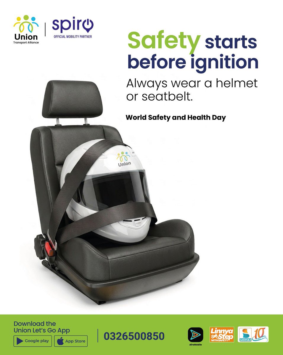 UnionAppUg's tweet image. Riders, helmets on. Drivers, fasten seatbelts. 
Not sometimes. 
Every trip. Every time. No excuses. 
Tomalagavuga. Safety always comes first.
@SpiroUganda  @NAlicemary 

#WorldSafetyAndHealthDay #SafetyFirst #BuckleUp #RoadSafety