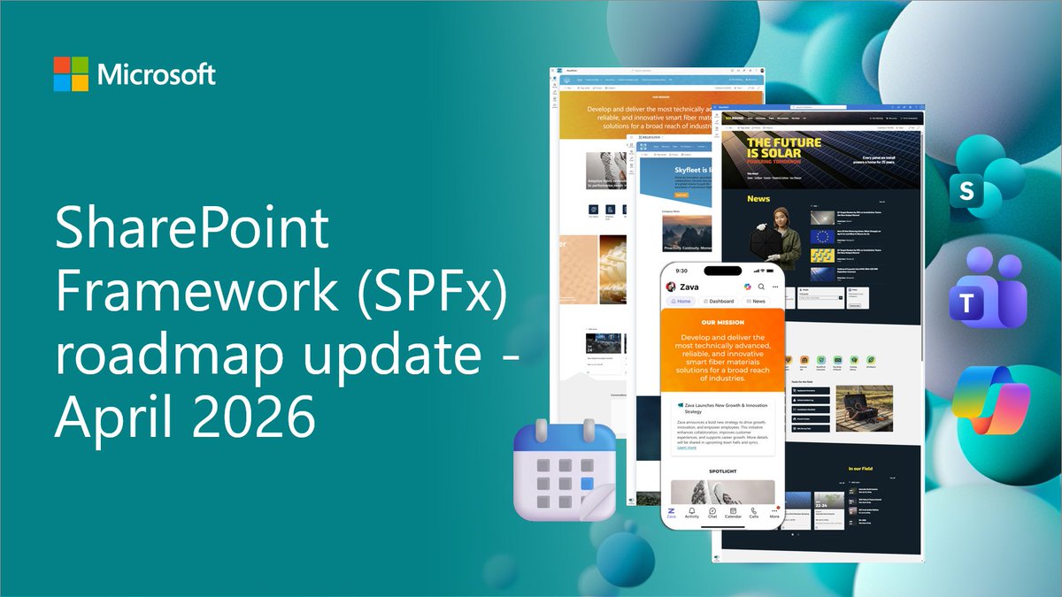 Microsoft365Dev's tweet photo. 💡 SharePoint Framework (SPFx) - April 2026 roadmap update

• New 1.23 release candidate
• Updated roadmap 📅
• List panel override, CLI, React updates and more
• Usage continues growing 🚀

See details → https://t.co/YKWmJhR2cK

#SharePoint #Microsoft365 #SPFx https://t.co/W9gLU0m2gK