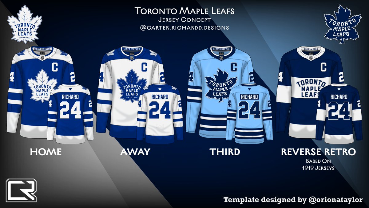 Jersey Concepts for the Toronto Maple Leafs. I made the royal lighter and added contrasting shoulders + a double outline on the logo. The alternate jersey takes inspiration from the Jays, and the Reverse Retro is a hybrid of the Leafs and St. Pats! Thoughts?
#LeafsForever