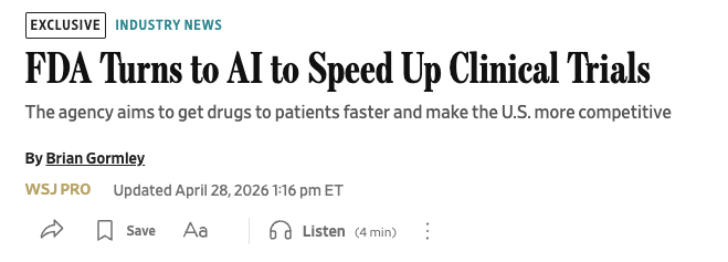 wallstengine's tweet image. The FDA plans to pilot AI this summer to pull clinical trial data directly from electronic health records and send it in real time to drugmakers and regulators. The goal is to speed up trials, get drugs to patients faster, and boost U.S. biotech.

$TEM