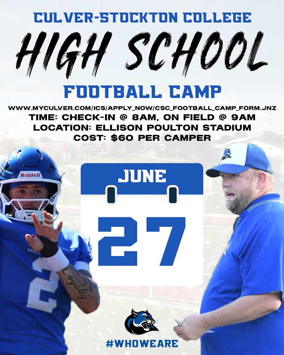 CSCwildcatsFB's tweet image. ‼️ Class of 2027 &amp;amp; 2028, Camp Season Is Right Around The Corner ‼️

Come camp at THE NFL factory at the NAIA level 🔥😼

COMPETE, earn an offer, and learn from one of the best staffs in the country!!

#Be573 #WhoWeAre #BlueCollar

myculver.com/ICS/APPLY_NOW/…
