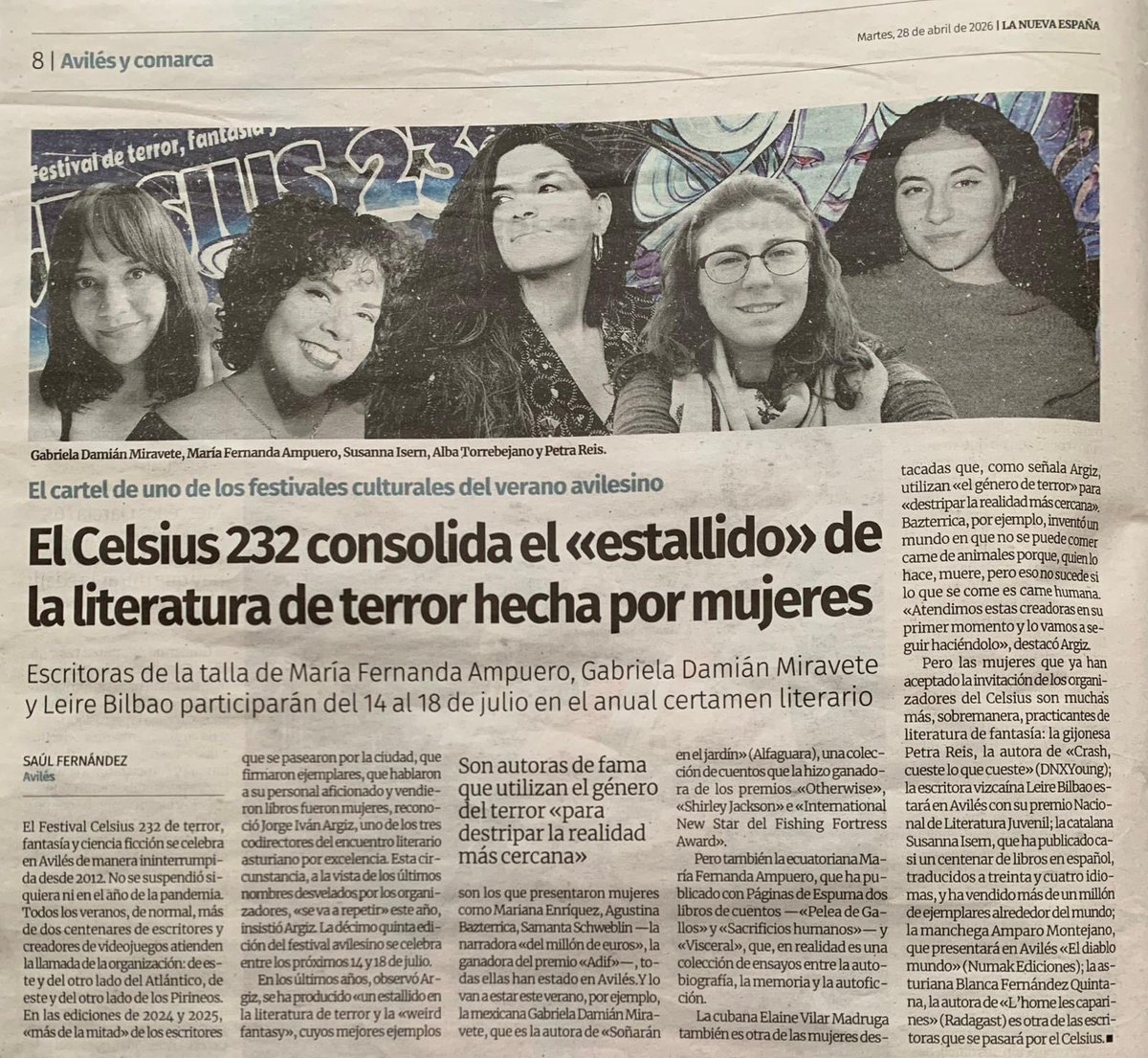 festivalcelsius's tweet photo. Y la prensa local, en este caso La Nueva España, recoge en sus páginas la gran presencia de estupendas autoras en el #celsius2026, y nosotros le estamos muy agradecidos https://t.co/uZ4QrM7JO7