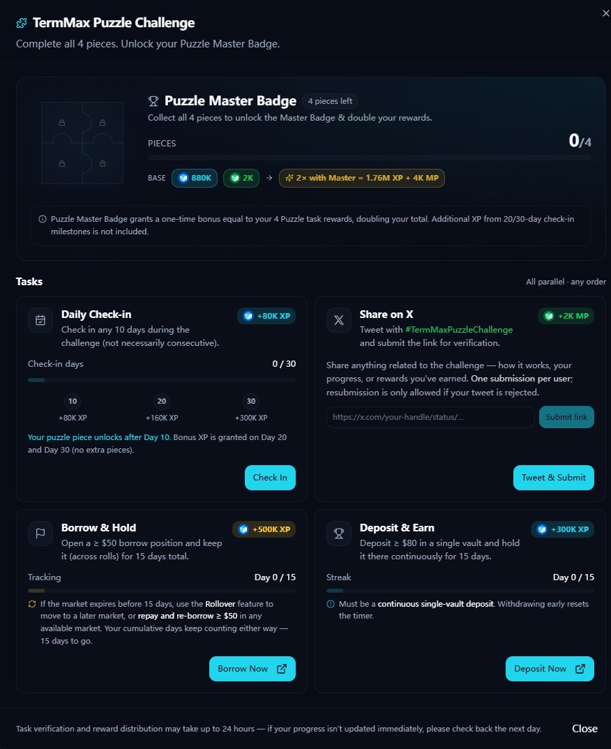 MeganWi10043737's tweet image. #TermMaxPuzzleChallenge #TermMax #Airdrop #TGE #CryptoReliable on-chain assets management on TermMaxFi platform.