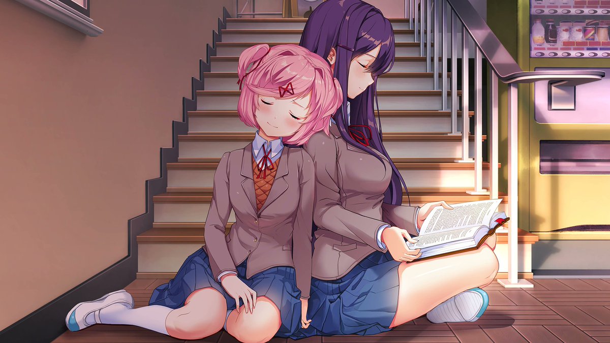 xenaslashbendy's tweet photo. ddlc larpers who say that natsuki and yuri hate each other genuinely pmo because there's so much official art of them being AT THE VERY LEAST really good friends https://t.co/huVr2IB2C7