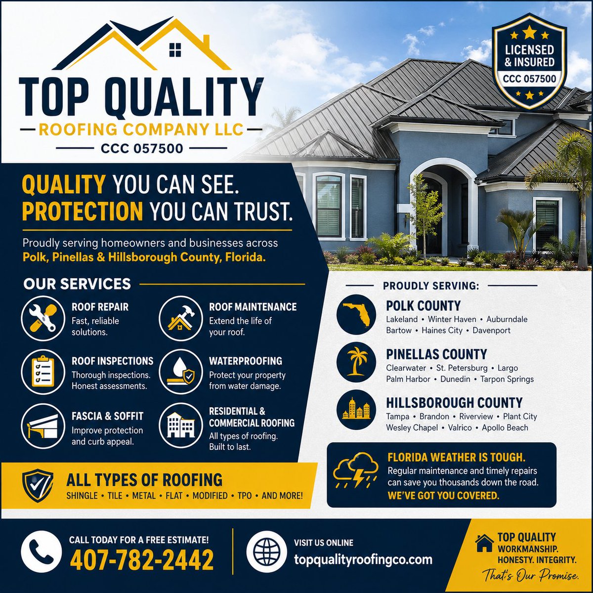 roofer_tampabay's tweet image. Top Quality Roofing Co LLC 
State licensed CCCO 57500 
Roof repair and maintenance specialist ,residential and commercial Roofing. 
Call today for a free estimate 407-782-2442
Or where? Visit our website at topqualityroofingco.com

#RoofingContractor #roofrepair#roofer#polkcounty
