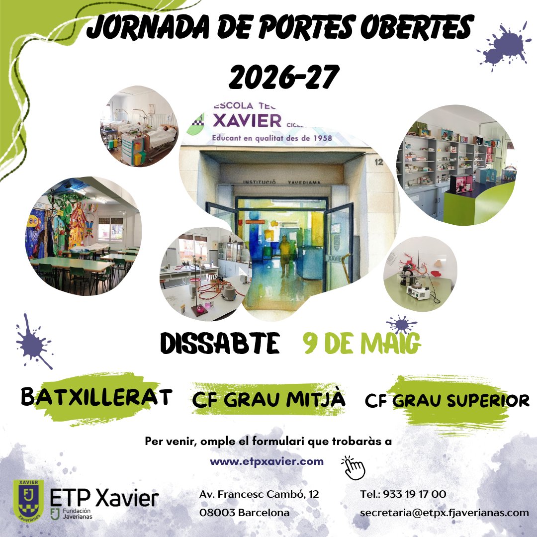 etpxavier's tweet photo. 🎓 Jornada de Portes Obertes 2026-2027!

T'interessa conèixer el nostre centre?🏫

👉Entra al web de l'ETP Xavier i omple el formulari per participar en la jornada de portes obertes.

T'hi esperem!✨

#PortesObertes #Batxillerat #CiclesFormatius #Barcelona https://t.co/df9YTAxrZ0