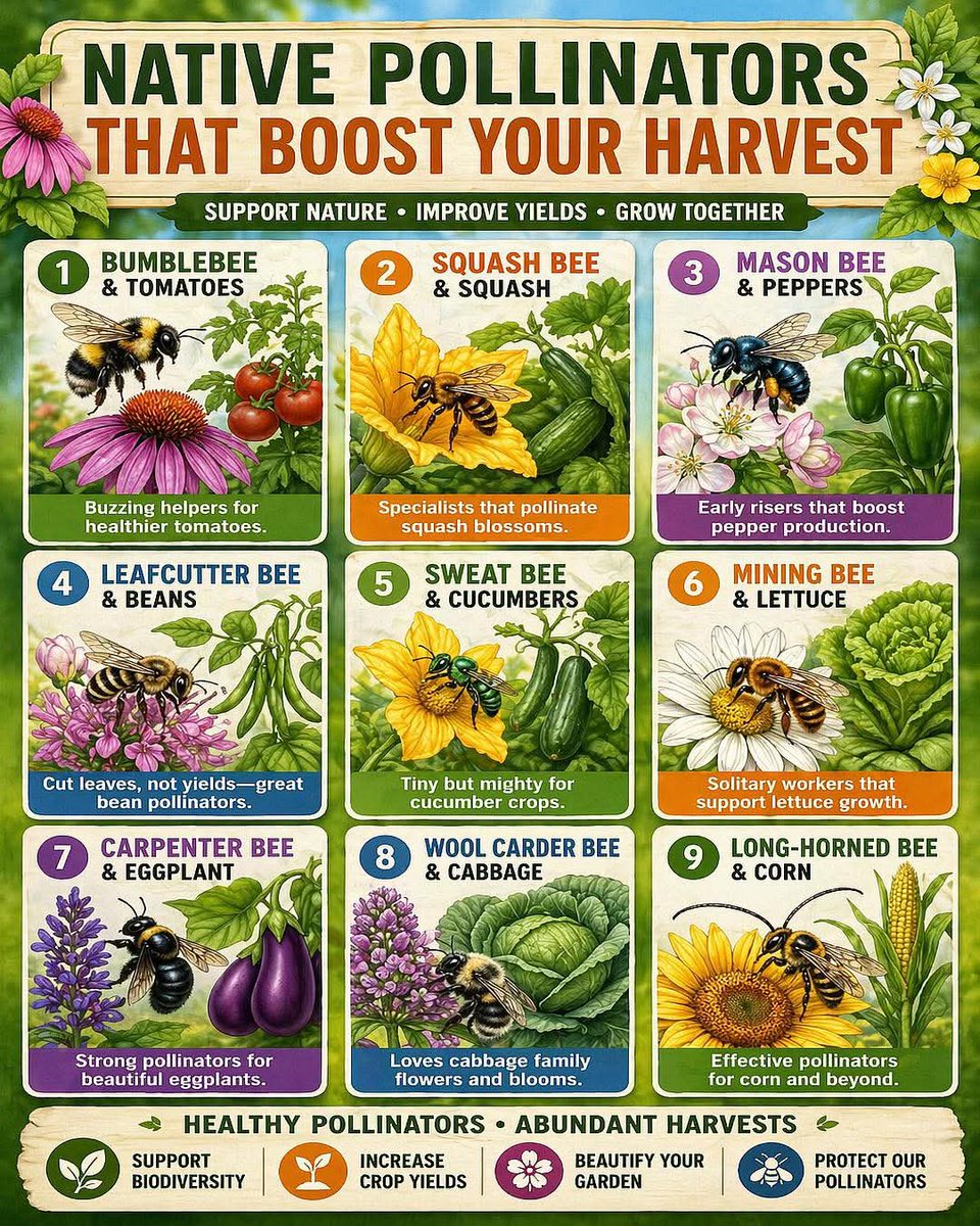 Different crops rely on different pollinators. Planting the right support flowers nearby makes pollination easier and more effective.

Tomatoes — Buzz-pollinated flowers benefit from bumblebees
→ Plant penstemon, bee balm, echinacea nearby for steady bumblebee visits

Squash —
