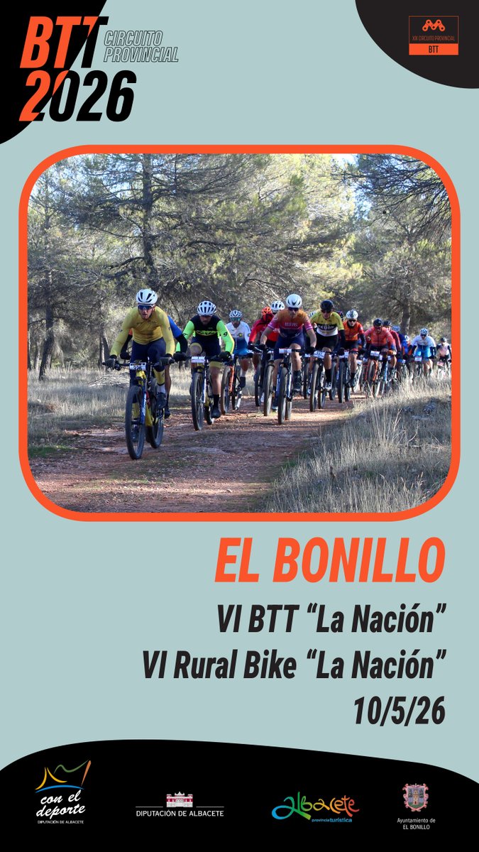DipualbaDeporte's tweet image. 🚩 #BTT | OJO, a las 23:59 horas finaliza el primer tramo de inscripción para la VI BTT 'La Nación' de #ElBonillo, 9ª cita de la temporada en el XIX #CircuitoBTT.  
  
👉 Domingo 10 de mayo. ¡Inscríbete ahora al recorrido largo, Rural Bike o Gravel! 👇 
deportes.dipualba.es/Home/Inscripci…