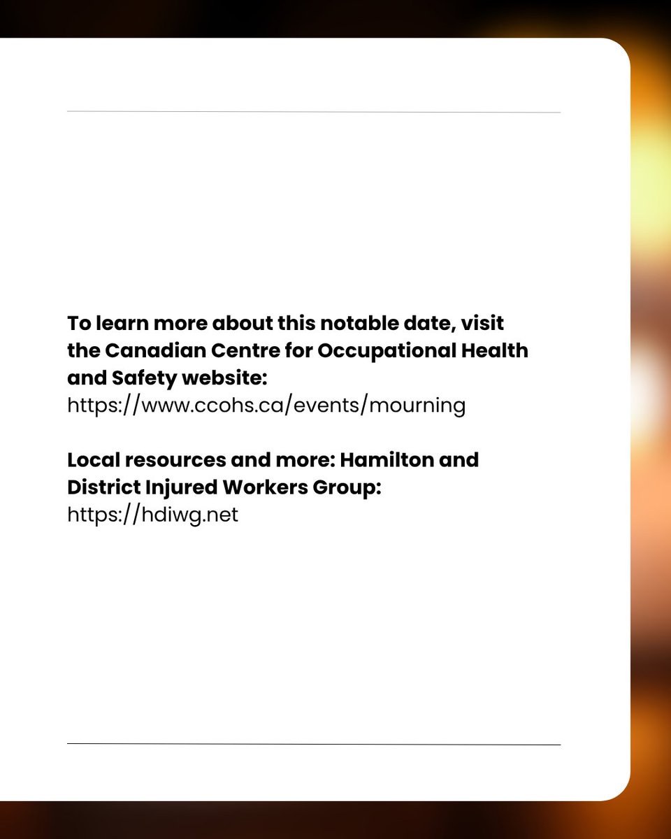 HamiltonJustice's tweet photo. Today is the National Day of Mourning; a time to honour workers, support their families, and renew our collective commitment to improving health and safety to prevent further injuries, illnesses, and deaths. https://t.co/LLJLlil7jm