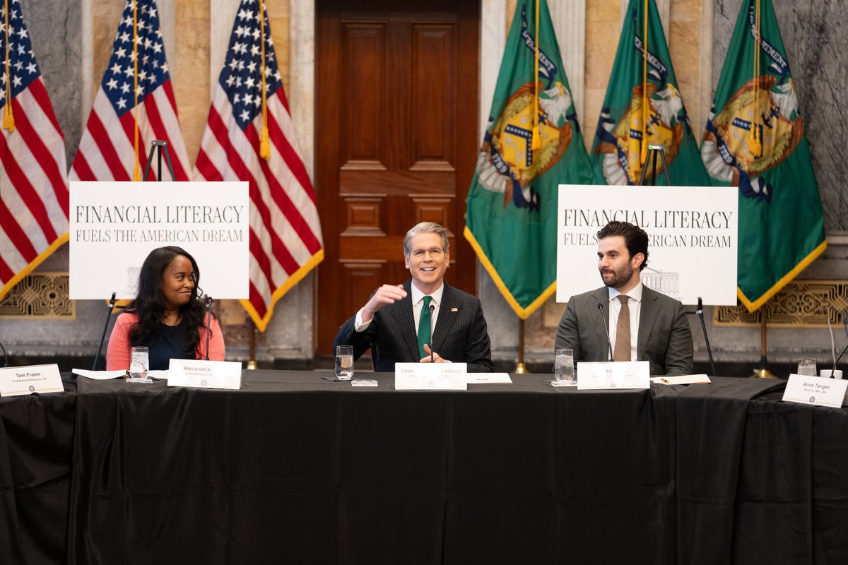 SecScottBessent's tweet photo. As a part of @ABABankers' Teach Children to Save initiative, I enjoyed hosting community bankers from around the country for a discussion on financial literacy here at the @USTreasury.

During our talks, I was glad to hear about their financial education initiatives and to gather their feedback on how Treasury can support their efforts.

Community banks are the backbone of Main Street’s small businesses, and these institutions play an outsized role in enabling financial literacy in communities across America.