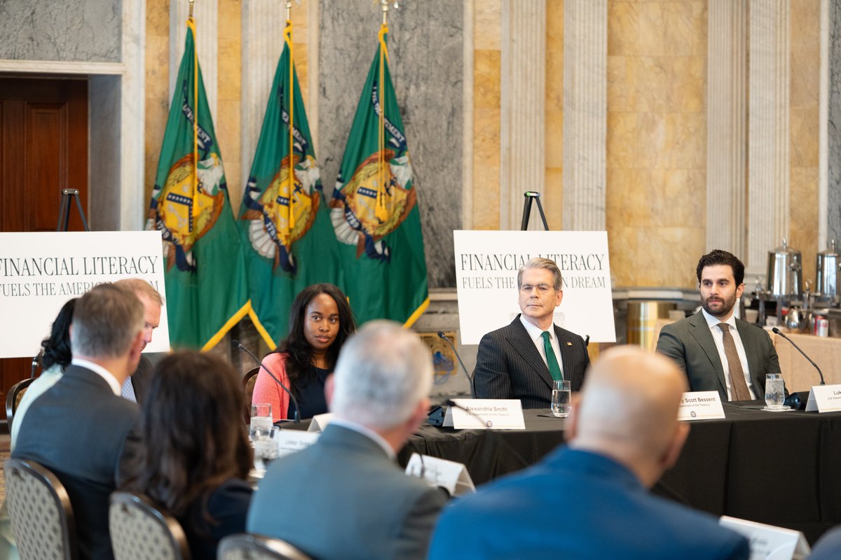 SecScottBessent's tweet photo. As a part of @ABABankers' Teach Children to Save initiative, I enjoyed hosting community bankers from around the country for a discussion on financial literacy here at the @USTreasury.

During our talks, I was glad to hear about their financial education initiatives and to gather their feedback on how Treasury can support their efforts.

Community banks are the backbone of Main Street’s small businesses, and these institutions play an outsized role in enabling financial literacy in communities across America.