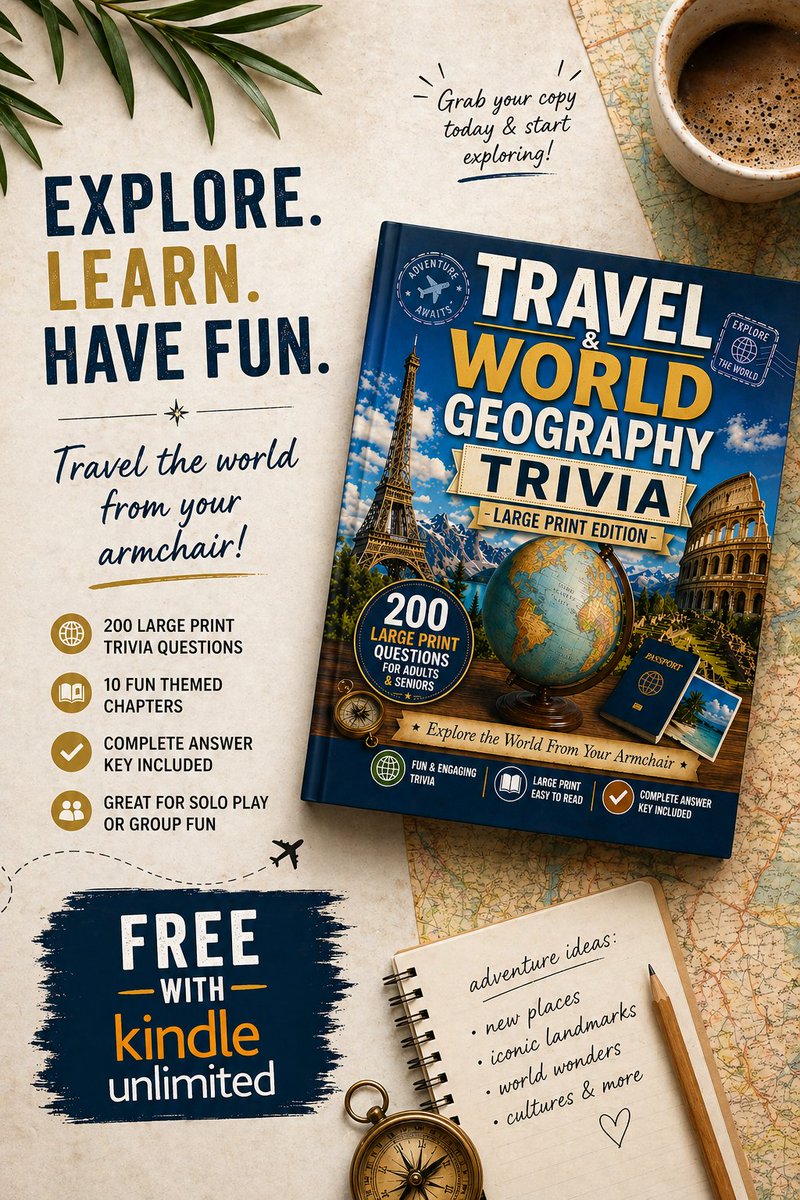 JCO_Blueprint's tweet image. 🌍 Explore the world from your armchair.

200 fun geography trivia questions covering capitals, landmarks, wonders &amp;amp; more.

FREE with Kindle Unlimited.
Search JCO Blueprint on Amazon.

#KindleUnlimited #TriviaBook #GeographyTrivia #TravelTrivia