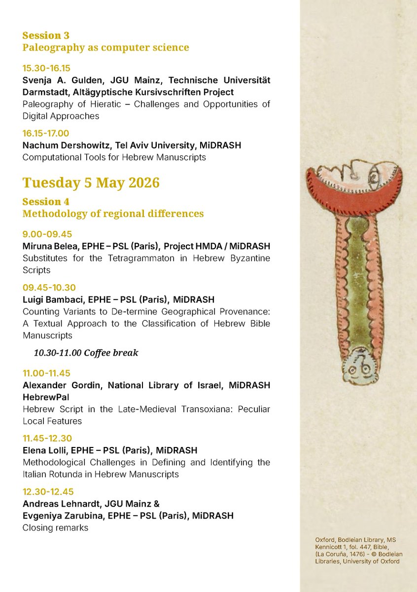 OCHJSnews's tweet photo. Tune in on May 4th-5th for a conference organized by members of  the European Research Council-sponsored project 'MiDRASH'!

The opening address will feature our very own President, Prof. Judith Olszowy-Schlanger!

#conference #palaeography https://t.co/UDHmoHP6XL