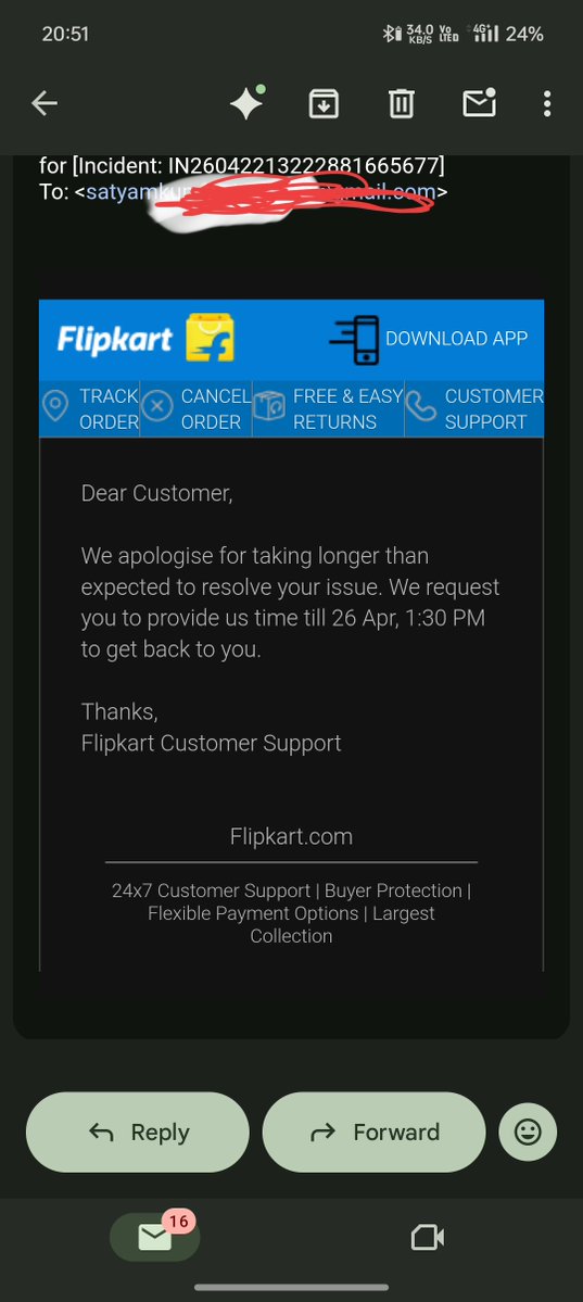 Abhijit19403222's tweet image. @Flipkart @flipk
5 days, multiple follow-ups, and still the same “wait 24 hours” response every time.
Is this how customer issues are handled? Really disappointing experience so far.
Need immediate resolution. #FlipkartScam