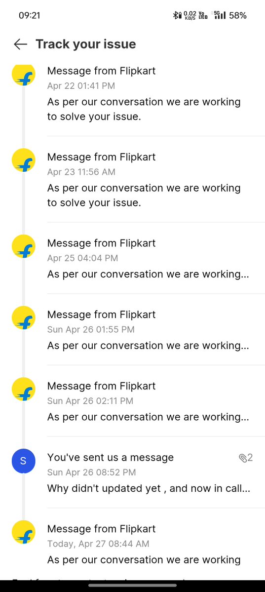 Abhijit19403222's tweet image. @Flipkart @flipk
5 days, multiple follow-ups, and still the same “wait 24 hours” response every time.
Is this how customer issues are handled? Really disappointing experience so far.
Need immediate resolution. #FlipkartScam