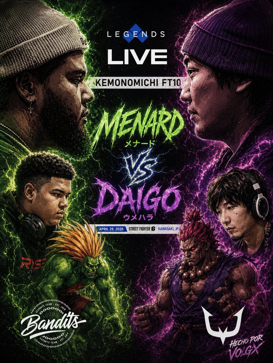 volgx's tweet image. It's almost time to witness another historic moment in the FGC scene

@_MenaRD__
  VS 
@daigothebeast

#Streetfighter #sf6 #evojapan #kemonomichi #EvoLEGENDSLIVE