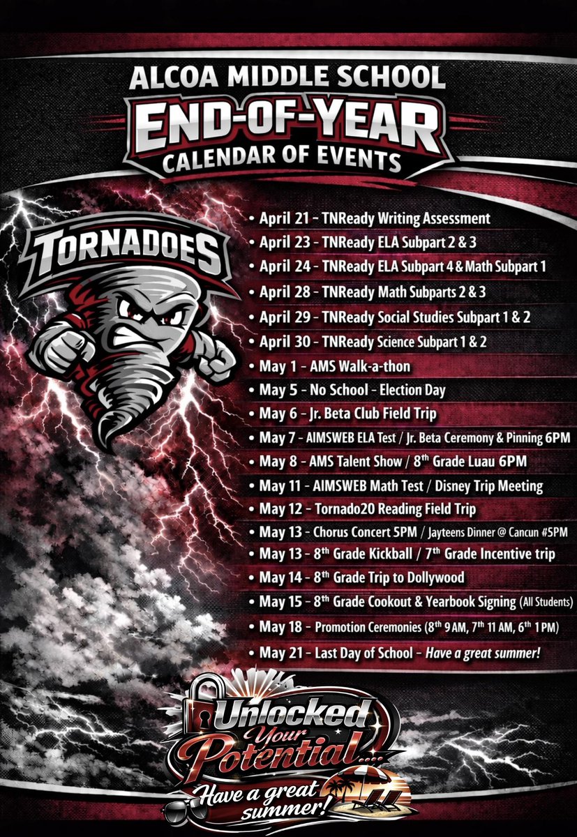 AlcoaMiddle's tweet photo. 🌪️ Alcoa Middle School End-of-Year Calendar of Events 🌪️

The final stretch of the school year is here, and we have a busy few weeks ahead! Please review the calendar for important testing dates, field trips, ceremonies, concerts, celebrations, and end-o https://t.co/jzEw4gChZ3