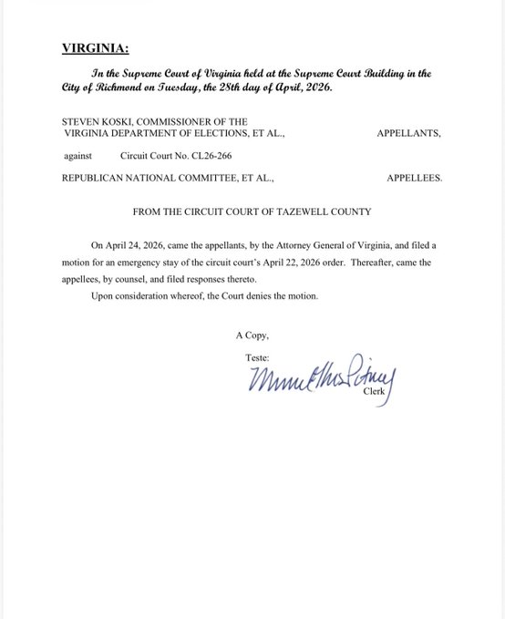 ElectionWiz's tweet image. #BREAKING: Virginia Supreme Court DENIES emergency request by Democrat AG to pause a lower court's ruling that blocked the certification of the redistricting referendum.

The election will remain uncertified as the legal process plays out.